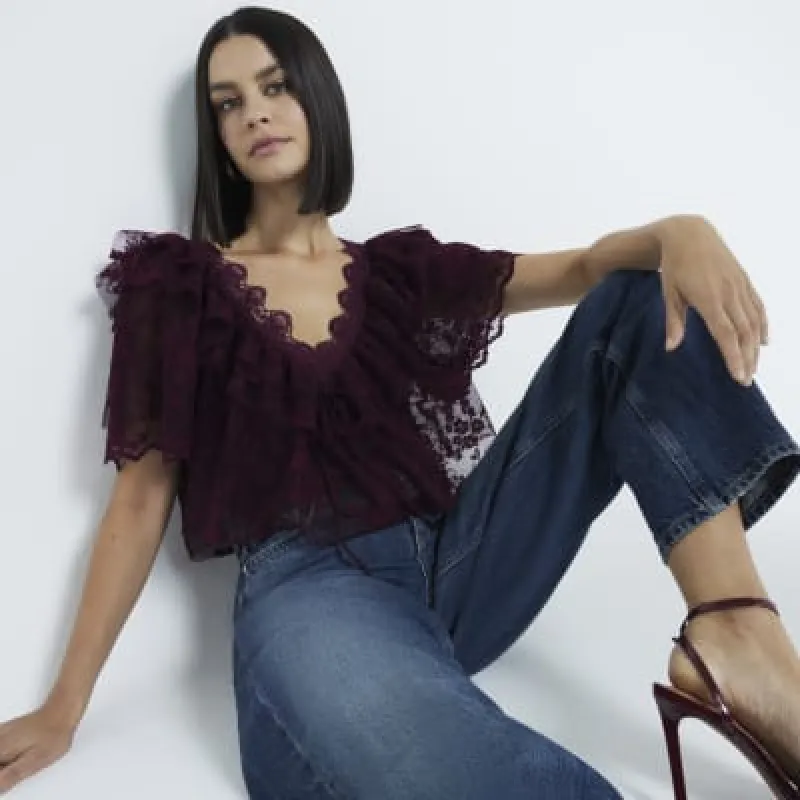 Red Short Sleeve Lace Bardot Crop Top sold by River Island