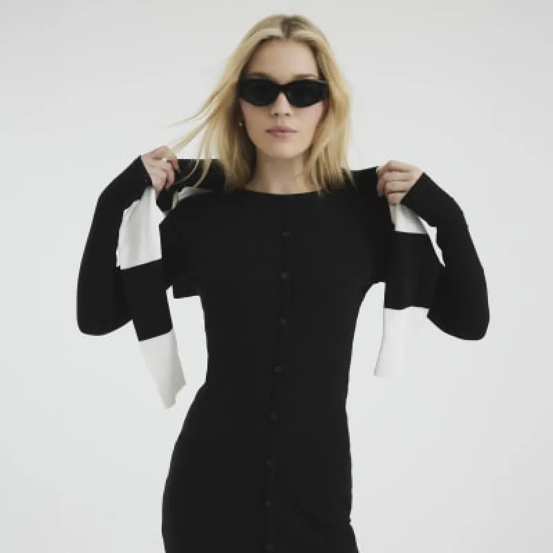 Black Long Sleeve Buttoned Midi Dress sold by River Island