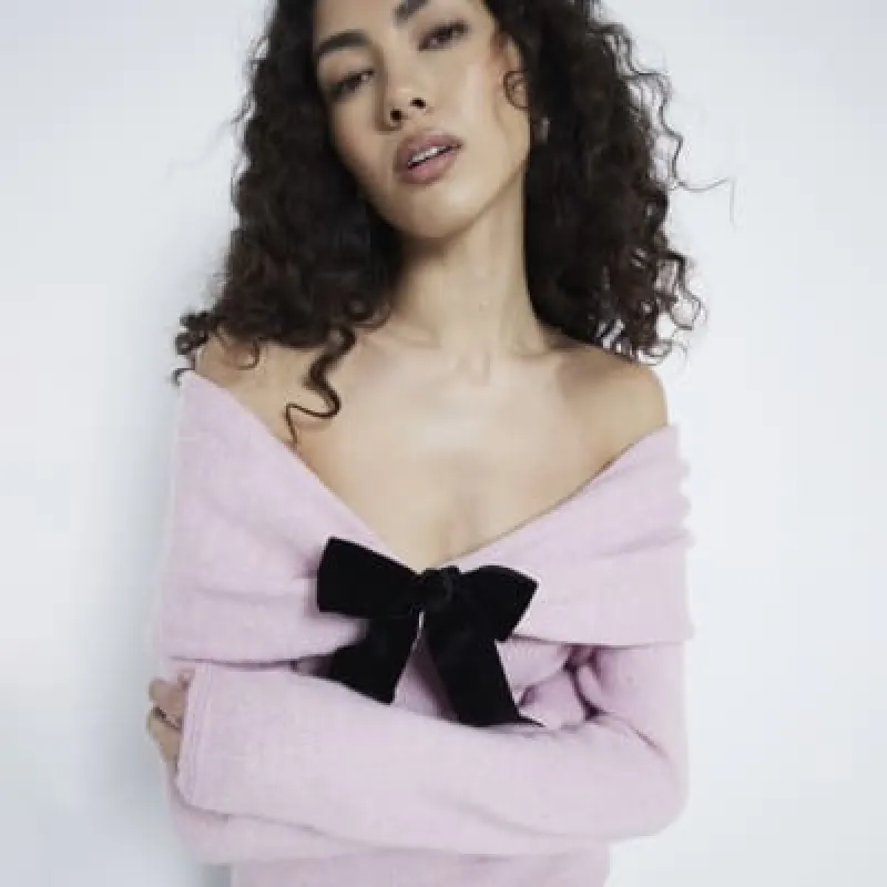 Pink Long Sleeve Bardot Bow Jumper sold by River Island