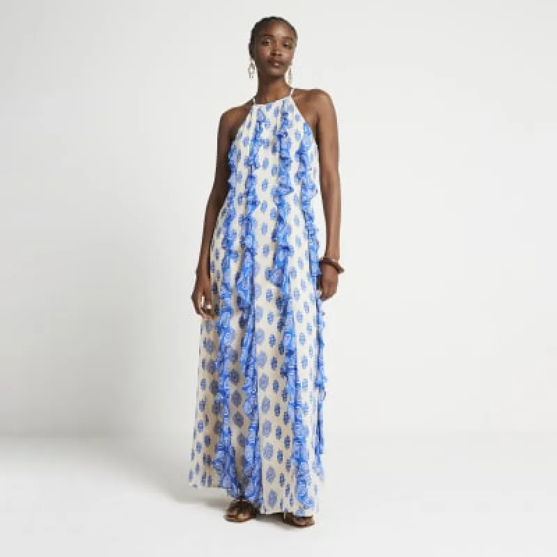 Blue geometric frill smock maxi dress sold by River Island