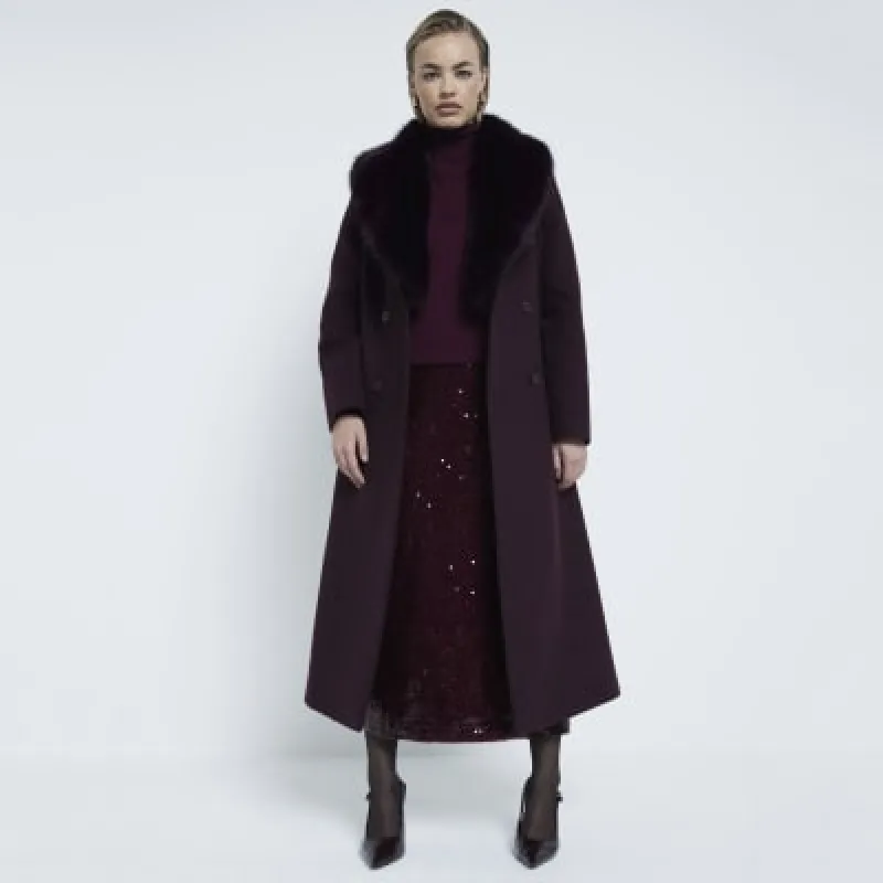 Red Faux Fur Collar Double Breasted Coat sold by River Island