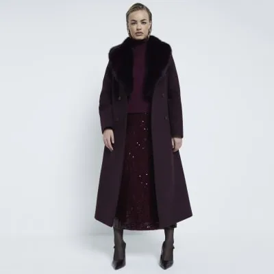 Red Faux Fur Collar Double Breasted Coat sold by River Island
