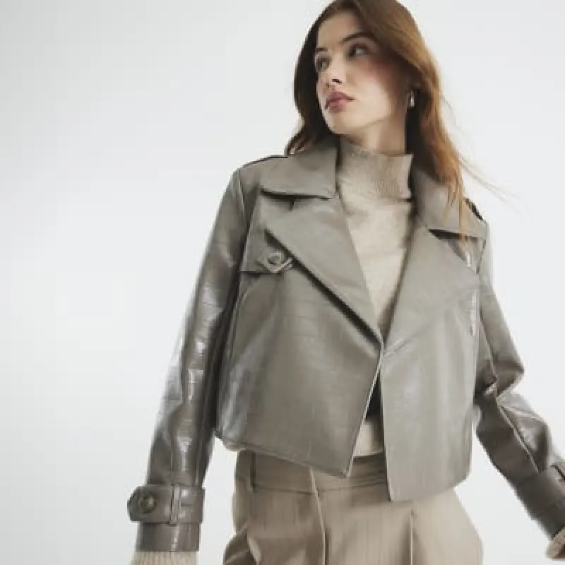 Stone Faux Leather Cropped Trench Coat sold by River Island