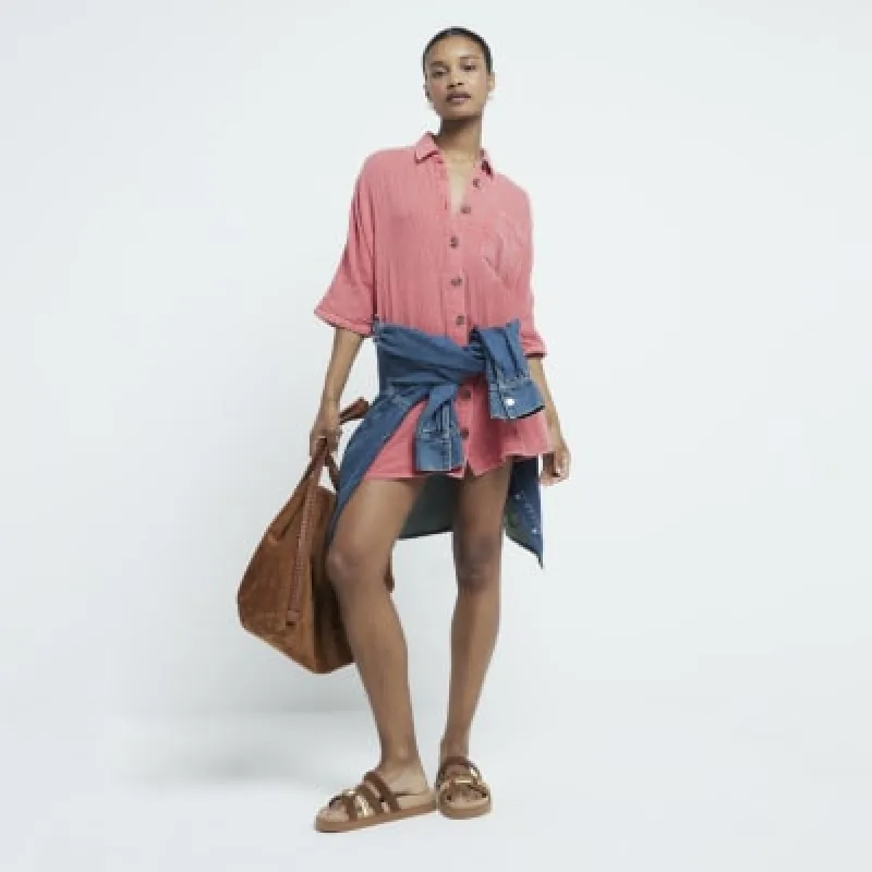 Red Button Up Longline Shirt sold by River Island