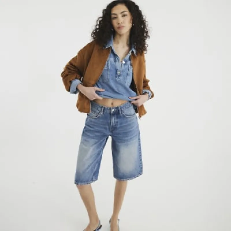 Blue Mid Rise Longline Jorts sold by River Island