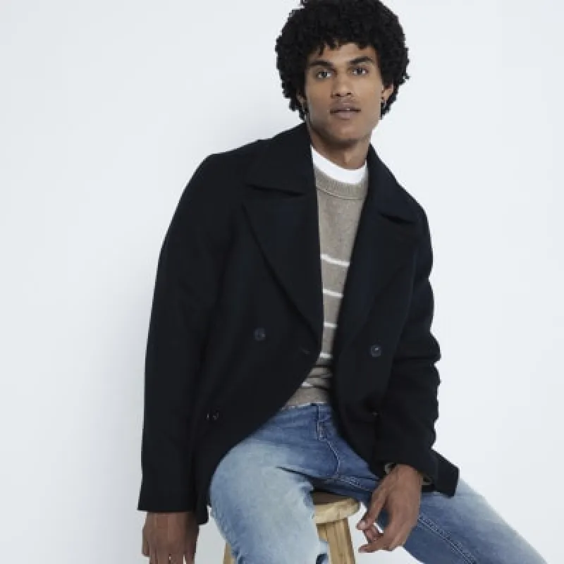 Black Regular Fit Wool Blend Peacoat sold by River Island