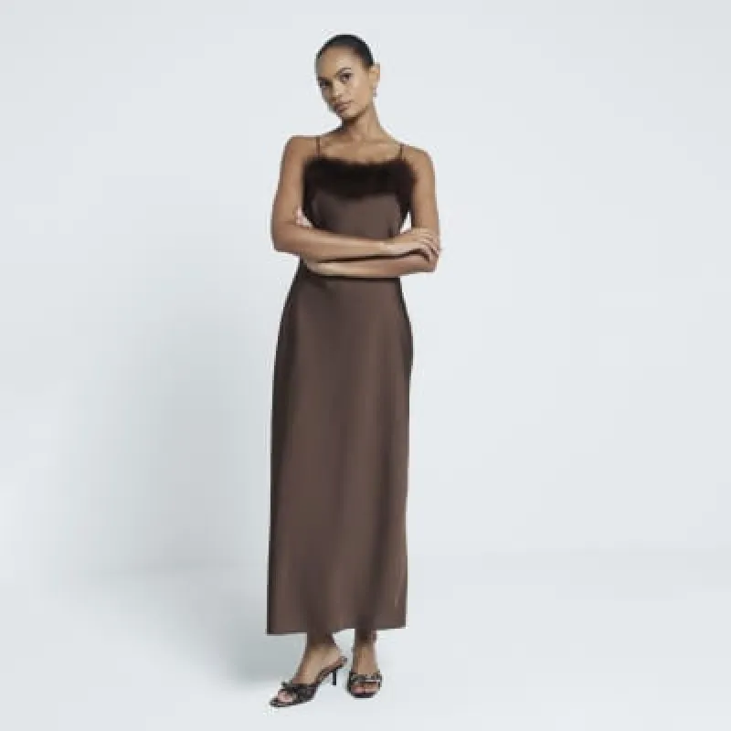 Brown Feather Trimmed Slip Dress sold by River Island