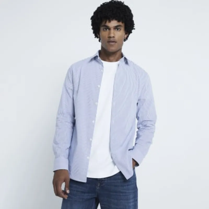 Blue Muscle Fit Stripe Stretch Shirt sold by River Island