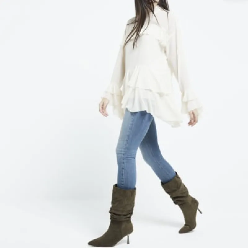 Khaki Suedette Slouch High Leg Heeled Boots sold by River Island