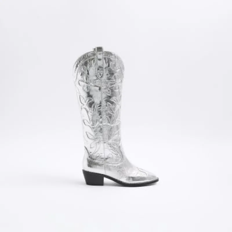 Silver western knee high boots sold by River Island