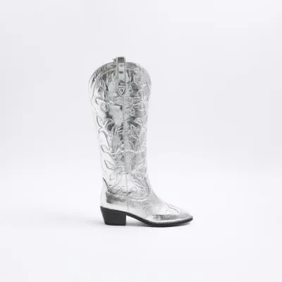 Silver western knee high boots sold by River Island
