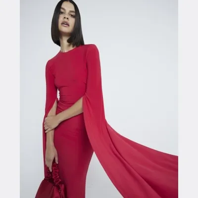 Red Flared Split Sleeve Maxi Dress sold by River Island