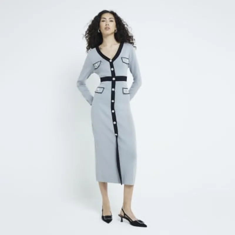 Grey Knitted Colour Block Midi Shirt Dress sold by River Island