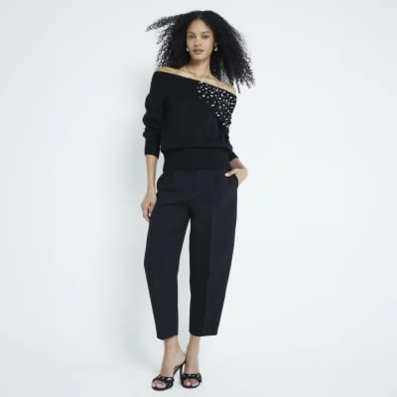 Black Long Sleeved Diamante Bardot Top sold by River Island