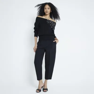 Black Long Sleeved Diamante Bardot Top sold by River Island