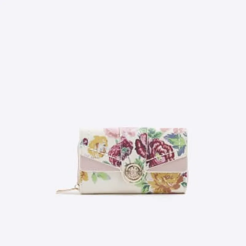 Cream Patent Floral Zip Around Purse sold by River Island