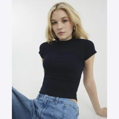 Navy Cap Sleeve High Neck Tee sold by River Island