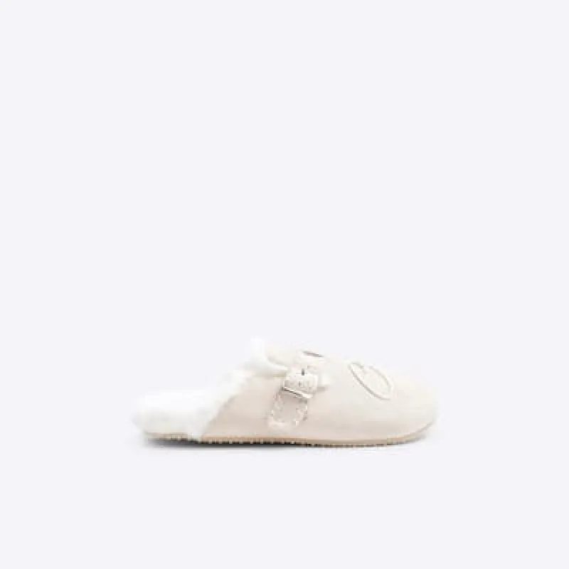Cream Faux Fur Footbed Mule Slippers sold by River Island