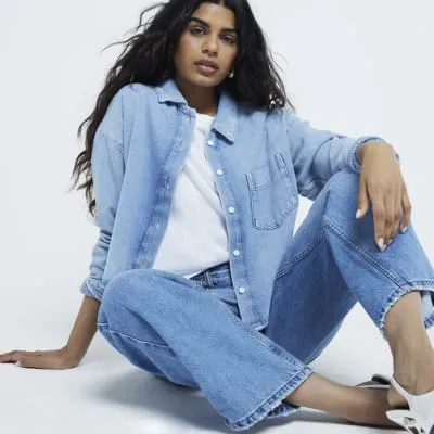 Petite Blue Denim Crop Shirt sold by River Island