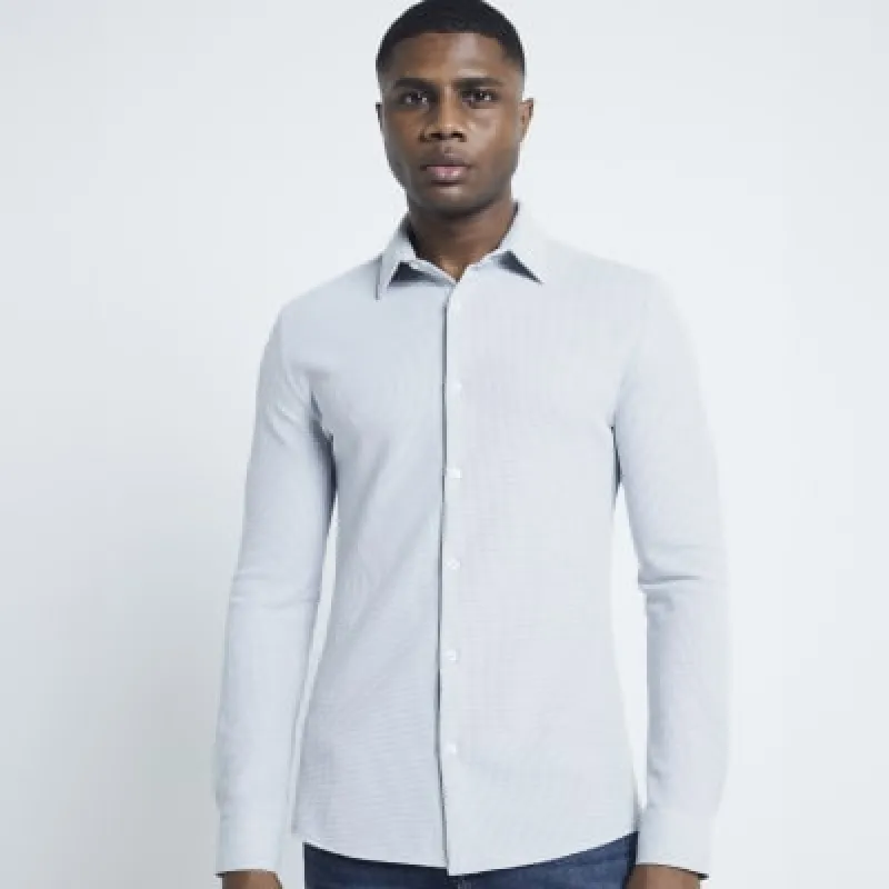 Grey Muscle Fit Waffle Textured Jersey Shirt sold by River Island