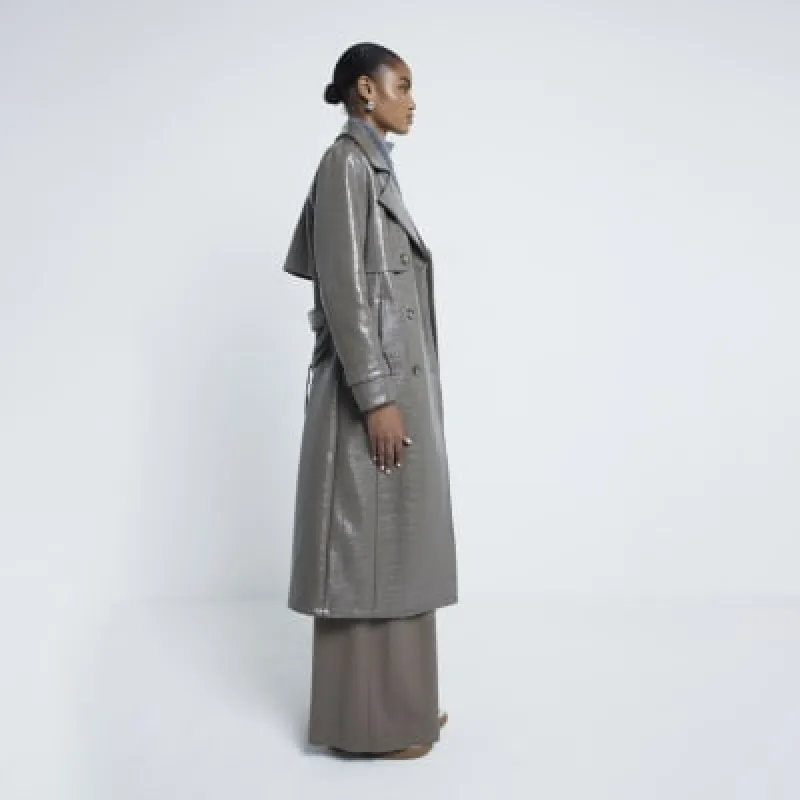 Grey Faux Leather Croc Effect Trench Coat sold by River Island