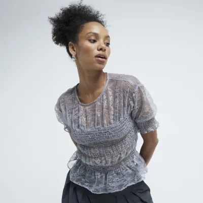Grey Lace Shirred Peplum Top sold by River Island