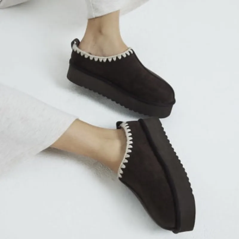Brown suedette faux fur platform mules sold by River Island