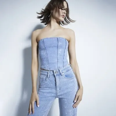 Blue Denim Diamante Bandeau Denim Corset Top sold by River Island