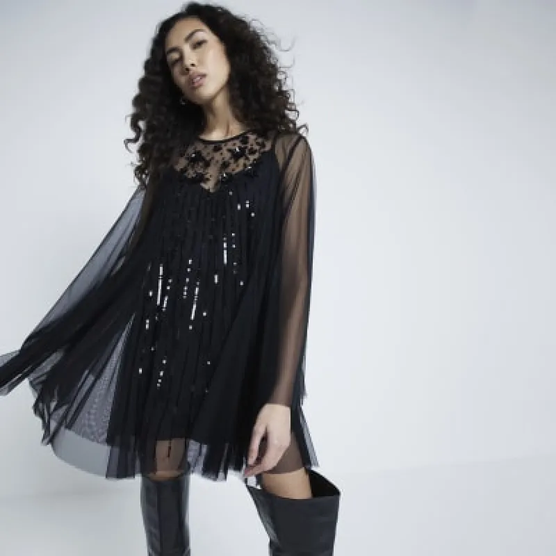 Black Mesh Embellished Mini Shift Dress sold by River Island