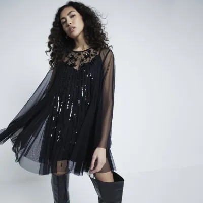 Black Mesh Embellished Mini Shift Dress sold by River Island
