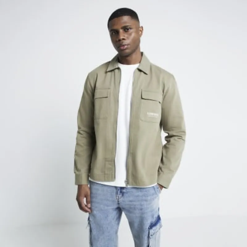Khaki regular fit Luminis zip up overshirt sold by River Island