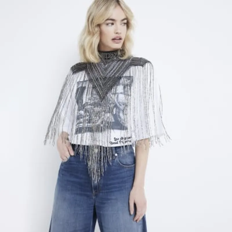 Black Sleeveless Beaded Fringe Cape Top sold by River Island