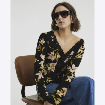 Black Long Sleeve Floral Lace Trim Top sold by River Island