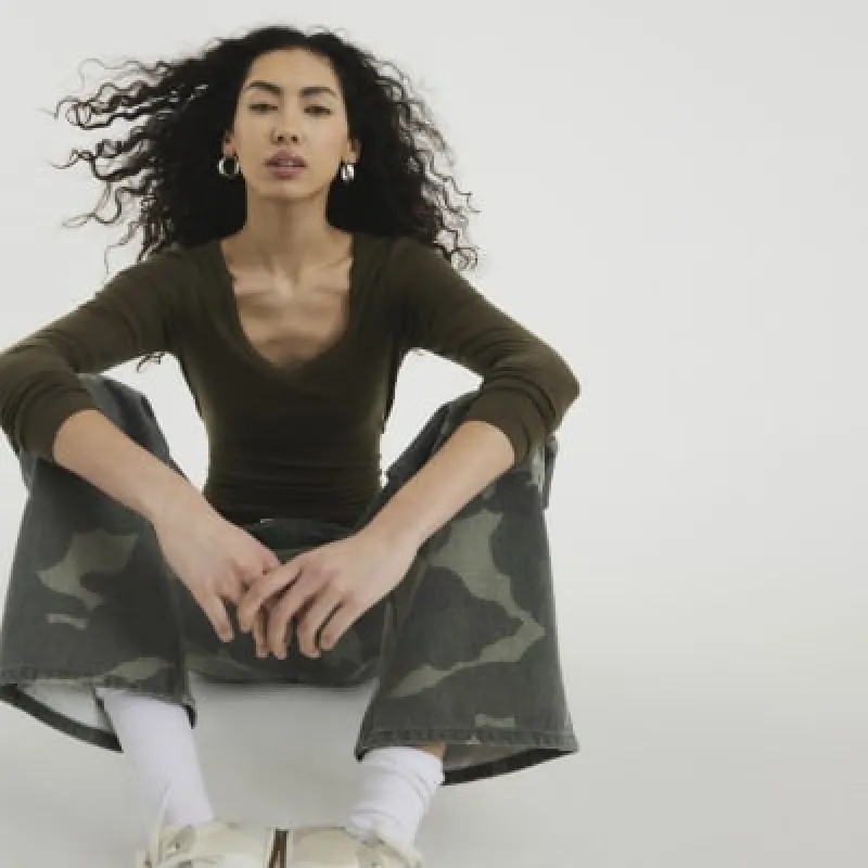 Khaki Long Sleeve V Neck Top sold by River Island