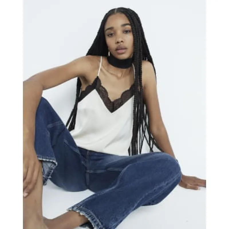 Cream Satin Lace Trim Cami Top sold by River Island