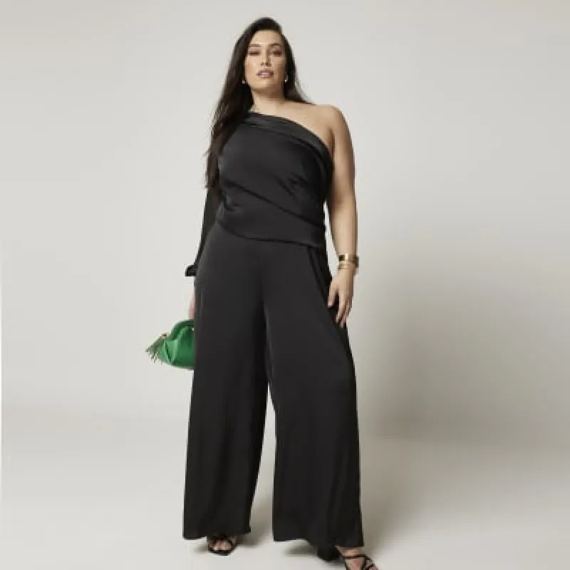 Plus black one shoulder wide leg jumpsuit sold by River Island