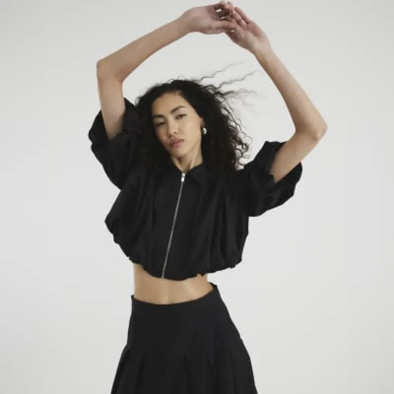Black Zip Front bubble Hem Cropped Shirt sold by River Island