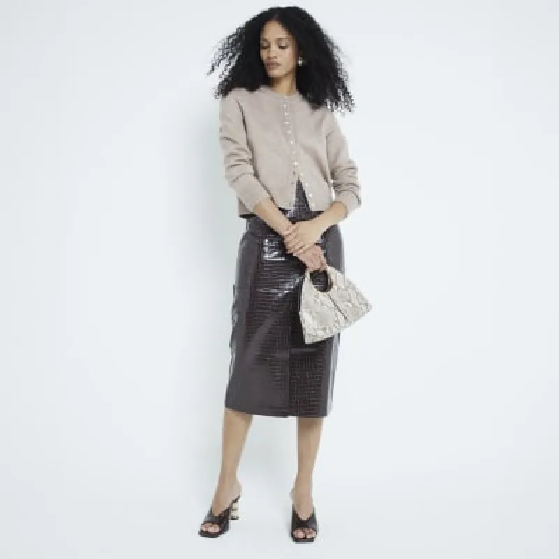 Brown Croc Faux Leather Midi Skirt sold by River Island