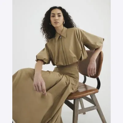 Beige Zip Front Bubble Hem Crop Shirt sold by River Island