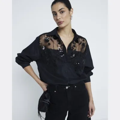 Black Mesh Long Sleeve Embroiderery Shirt sold by River Island