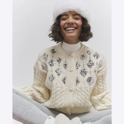 Cream Bubble Hem Embellished Cardigan sold by River Island