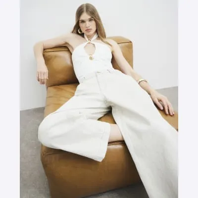 White Halter Neck Cut Out Bodysuit sold by River Island