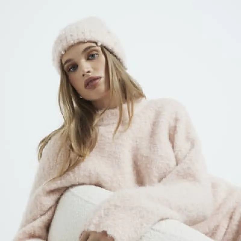 Pink Fluffy Brushed Pearl Beanie Hat sold by River Island