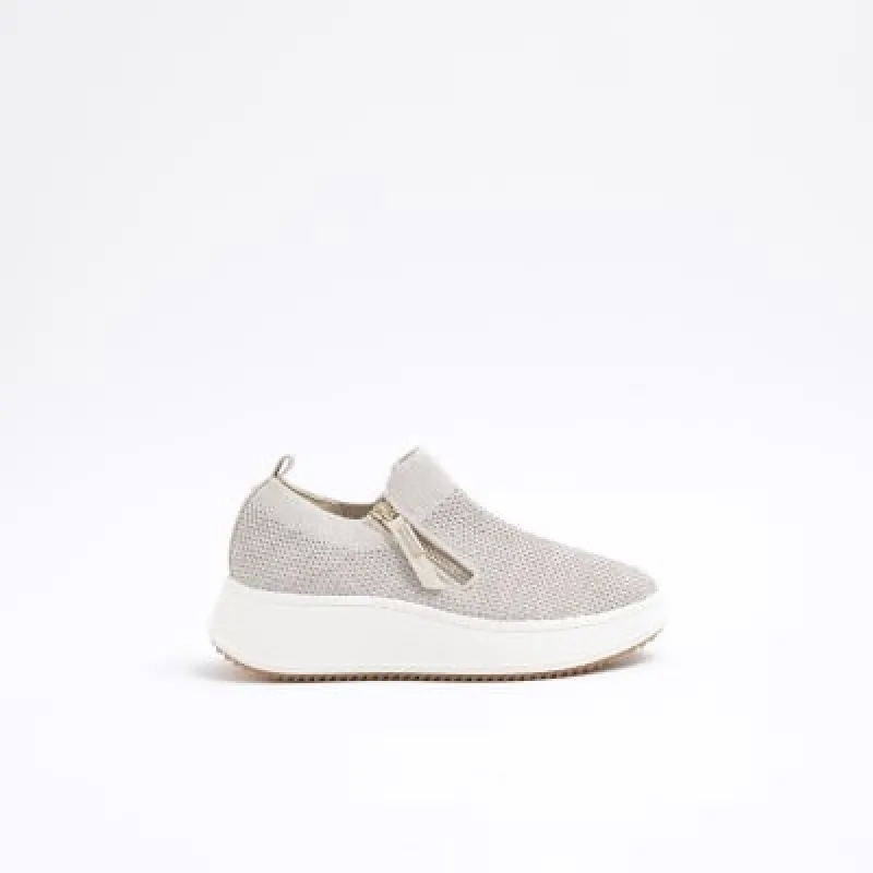 Gold Knitted Slip On Wedge Trainers sold by River Island