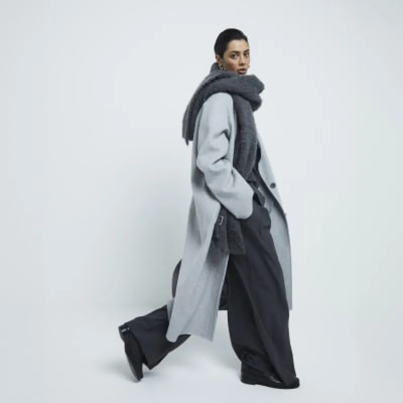 Grey Premium Wool Blend Button Coat sold by River Island