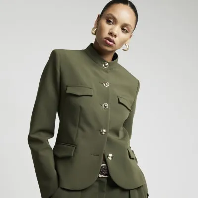Khaki button up crepe military jacket sold by River Island