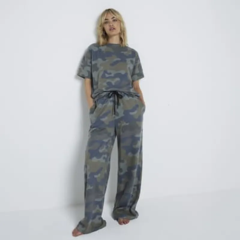 Green camo wide leg joggers sold by River Island