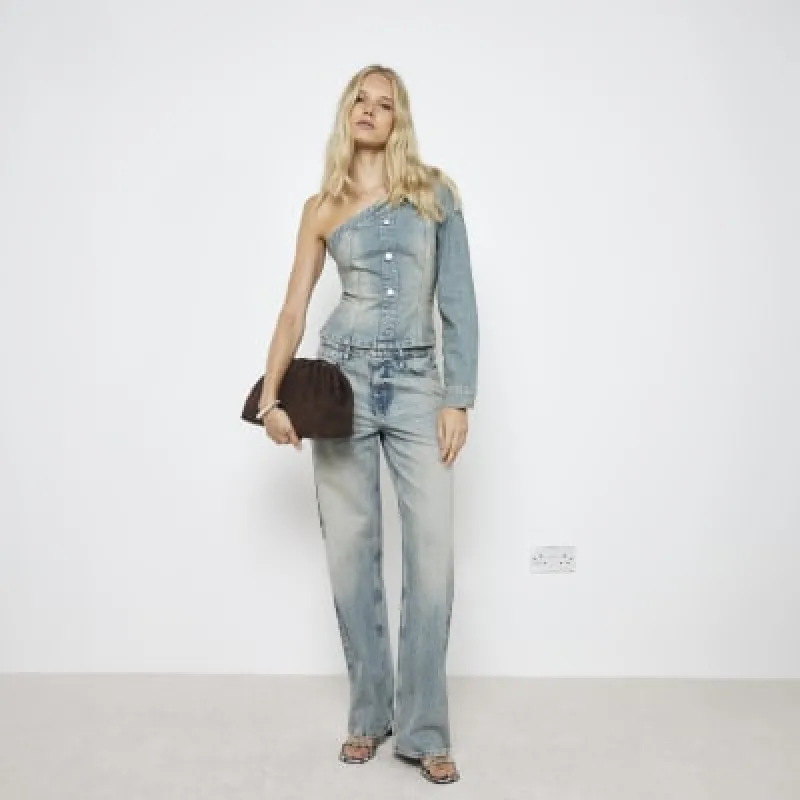 Blue relaxed straight faded jeans sold by River Island