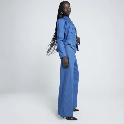 Blue high waisted wide leg denim trousers sold by River Island