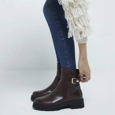 Brown wide fit buckle chunky ankle boots sold by River Island